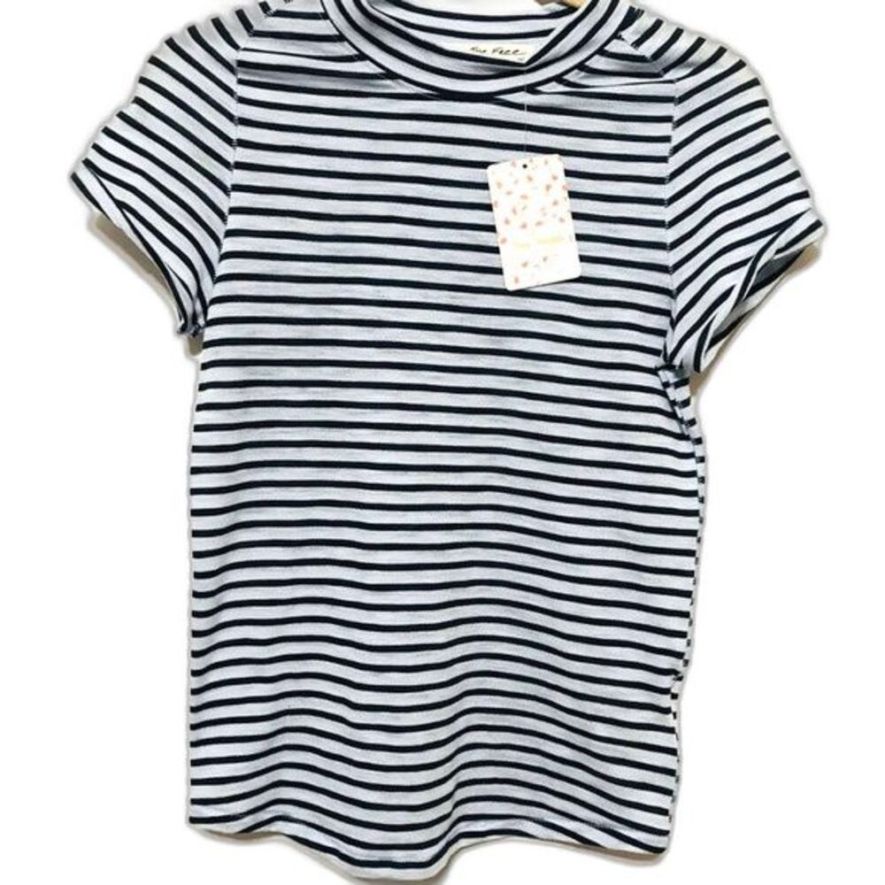 Free People blue top  Night Sky Stripe Knit Mock neck short sleeve tee size XS